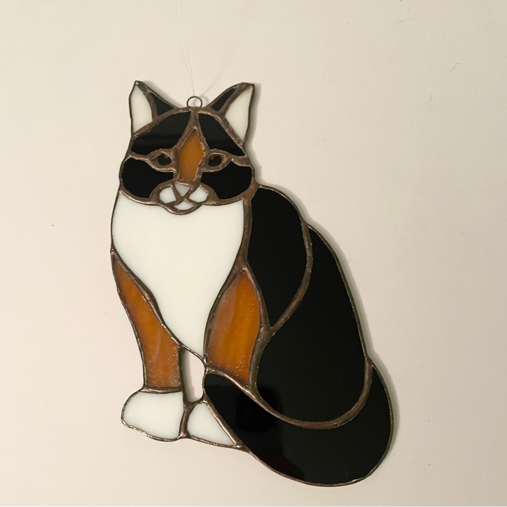 Vintage Stained Glass Calico Cat Suncatcher Hanging Art 7”